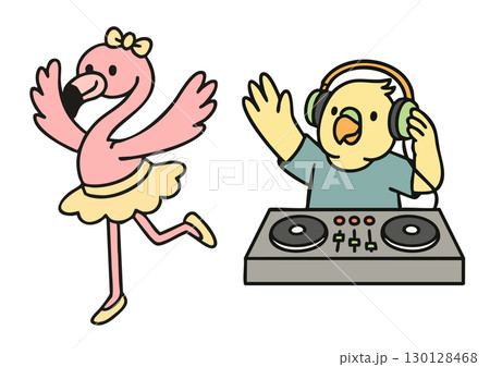フラミンゴのバレリーナとインコのDJのかわいいイラスト フラミンゴのバレリーナとインコのDJのかわいいイラスト 130128468