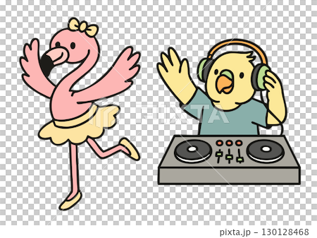 A cute illustration of a flamingo ballerina and a parakeet DJ 130128468