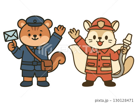 リスの配達員とモモンガの消防士のかわいい動物キャラクター 130128471