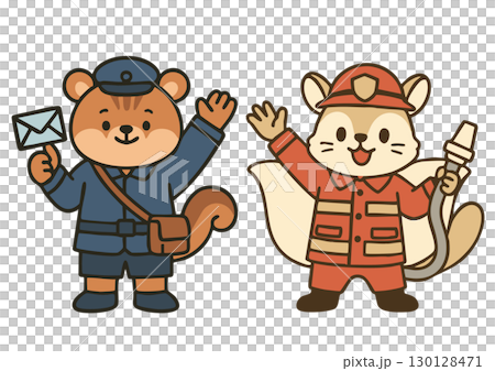 リスの配達員とモモンガの消防士のかわいい動物キャラクター 130128471