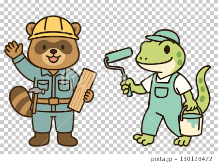 Illustration of a raccoon carpenter and a gecko painter working 130128472