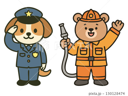犬の警察官とクマの消防士のかわいいイラスト 犬の警察官とクマの消防士のかわいいイラスト 130128474