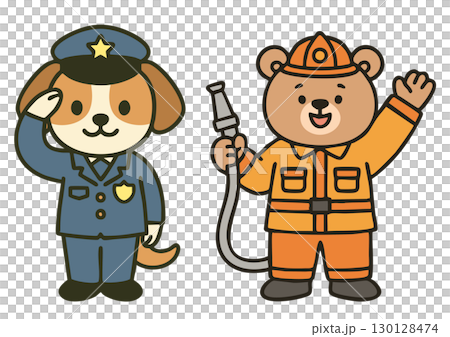 一隻狗警察和一隻熊消防員的可愛插圖 130128474