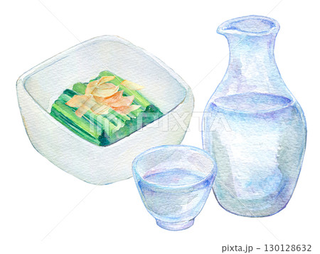 水彩イラスト　冷酒とお浸し 130128632