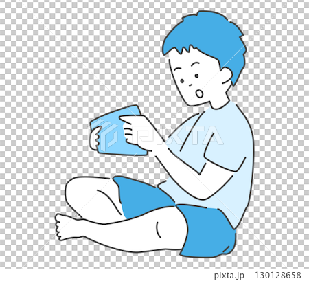 座ってゲームをする男の子のイラスト　ベクター 130128658