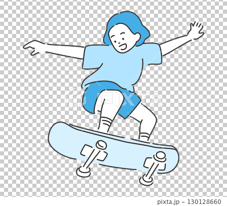 スケートボードで遊ぶ男の子のイラスト　ベクター 130128660