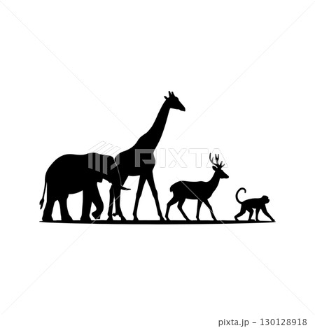 wild animals silhouette group including elephant giraffe deer and monkey wildlife nature conservation concept on white background wild animals silhouette group including elephant giraffe deer and monkey wildlife nature conservation concept on white background 130128918