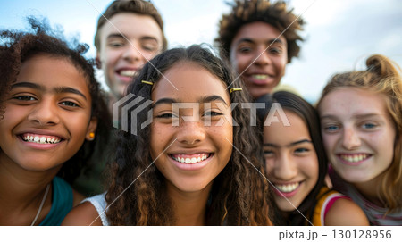 A joyful group of diverse friends sharing smiles and laughter against a bright sky 130128956