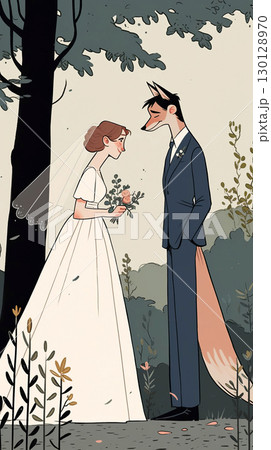 Illustration of a bride in a white gown and a groom with fox features standing together in a lush forest, surrounded by greenery, capturing a whimsical wedding moment 130128970