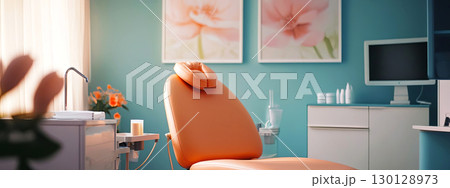 Dental office interior featuring a comfortable orange dental chair, bright wall decor with floral prints, and modern equipment, creating a welcoming atmosphere for patients Dental office interior featuring a comfortable orange dental chair, bright wall decor with floral prints, and modern equipment, creating a welcoming atmosphere for patients 130128973