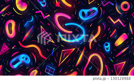 Vibrant abstract design showcasing colorful dynamic shapes and lines in a dark background 130128988