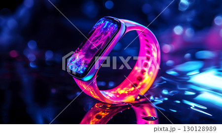 Smartwatch with vibrant display and colorful strap, resting on a reflective surface, illuminated by dynamic neon lights, showcasing modern technology and design aesthetics 130128989