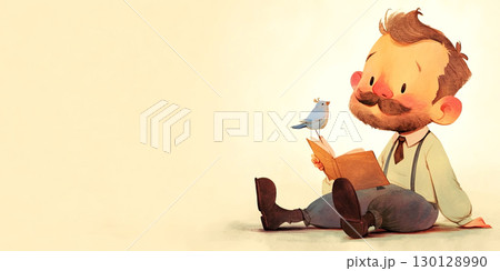 Charming illustration of a man with a mustache reading a book while a small blue bird perches on the pages, creating a whimsical and serene atmosphere in a cozy setting 130128990