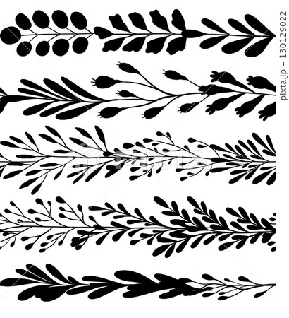 Vector set of black silhouette seamless borders with twigs isolated from background. Nature monochrome collection of horizontal friezes Vector set of black silhouette seamless borders with twigs isolated from background. Nature monochrome collection of horizontal friezes 130129022