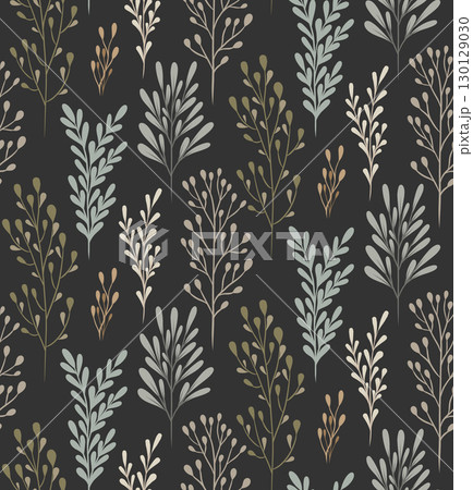 Vector seamless scandi pattern with twigs on dark background. Nature texture with stems with stems and leaves in pastel soft colors Vector seamless scandi pattern with twigs on dark background. Nature texture with stems with stems and leaves in pastel soft colors 130129030