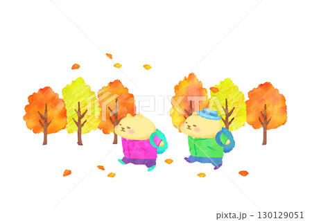 秋のハイキングを楽しむかわいい猫　水彩イラスト素材 130129051