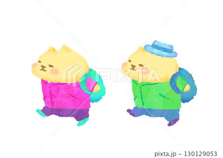 リュックを背負って歩くかわいい猫　水彩イラスト素材 130129053