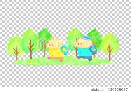 新緑　ハイキングを楽しむかわいい猫　水彩イラスト素材 130129057