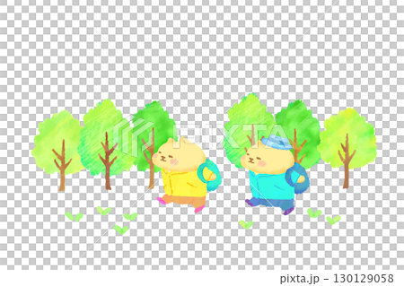 新鮮的綠葉,可愛的貓咪享受健行,水彩畫 新鮮的綠葉,可愛的貓咪享受健行,水彩畫 130129058