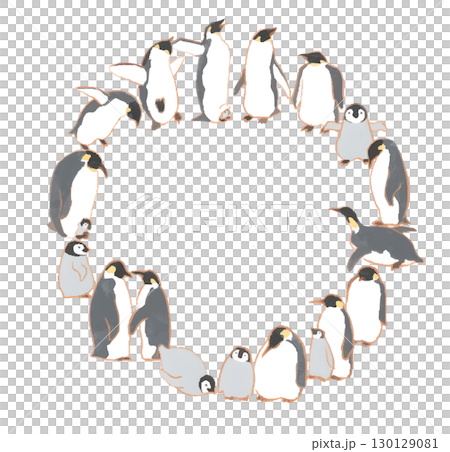 輪になって集まるたくさんのペンギン（ドット絵風） 130129081