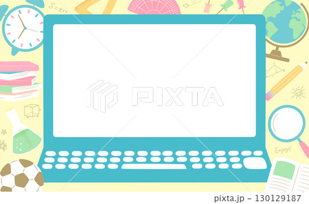 勉強・入学・学習・新学期イメージのパソコンのかわいいイラストフレーム背景_学校・キッズ系素材 130129187