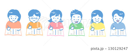 小学生の子供が笑顔で勉強・ノートをとる人物アイコンイラスト_子どもの教育・塾シーン 130129247