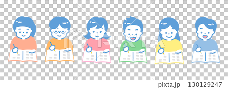 小学生の子供が笑顔で勉強・ノートをとる人物アイコンイラスト_子どもの教育・塾シーン 130129247