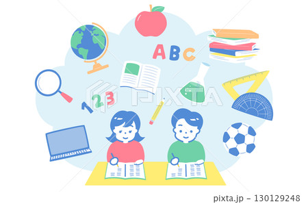 小学生の習い事や塾・学校教育をイメージした子供が勉強するイラスト_子どもの入会・入学・新学期シーン 130129248