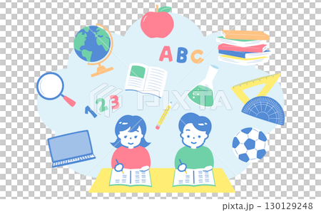 小学生の習い事や塾・学校教育をイメージした子供が勉強するイラスト_子どもの入会・入学・新学期シーン 130129248