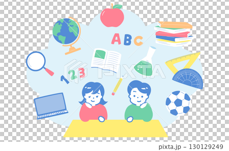 小学生の習い事や塾・学校教育をイメージした子供が勉強するイラスト_子どもの入会・入学・新学期シーン 130129249