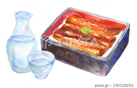 水彩イラスト 冷酒と鰻重 水彩イラスト 冷酒と鰻重 130129252