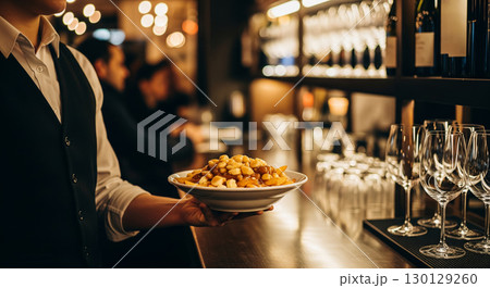 A Waiter Serving a Plate of Poutine in a Restaurant A Waiter Serving a Plate of Poutine in a Restaurant 130129260