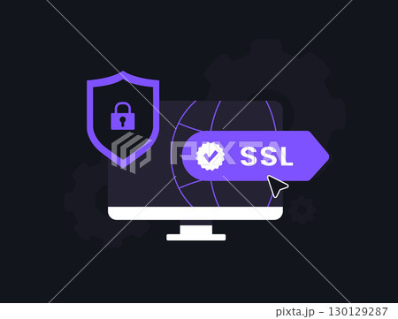SSL security with Secure Sockets Layer protocol. HTTPS encryption, online privacy, web data protection, website security and safe internet connection for trusted browsing. Flat vector illustration 130129287