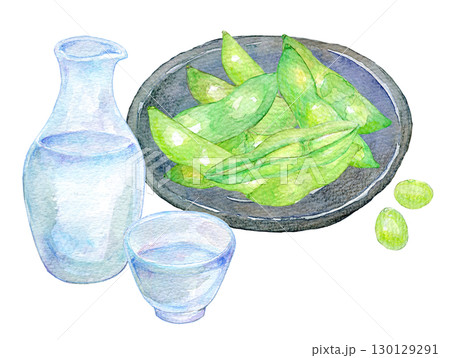 水彩イラスト　冷酒と枝豆 130129291