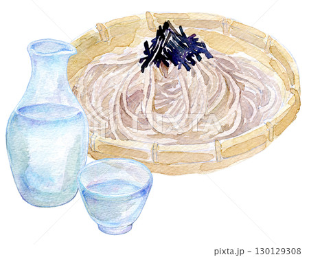 水彩イラスト　冷酒とざるそば 130129308