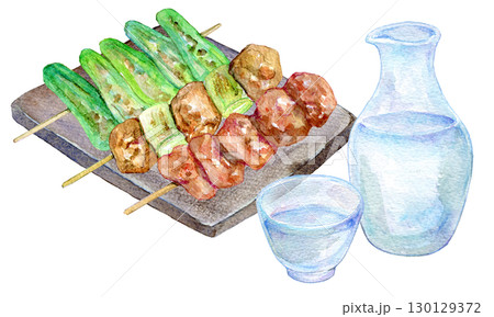 水彩イラスト　冷酒と焼き鳥 130129372