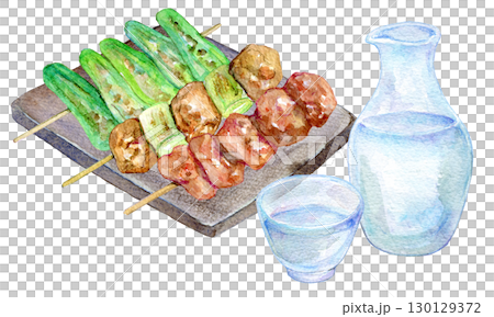 水彩插畫:冷酒與烤雞肉串 水彩插畫:冷酒與烤雞肉串 130129372