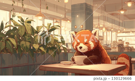 カフェでくつろぐレッサーパンダ 130129666