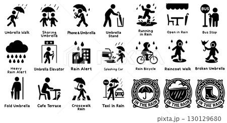 雨の日のピクトグラムセット、Rainy Day Pictogram Set 雨の日のピクトグラムセット、Rainy Day Pictogram Set 130129680