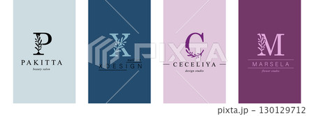 Logo X, P, capital letter C, M. Monogram of Botanical Minimalistic, Initial. with Organic Plant Elements. 130129712