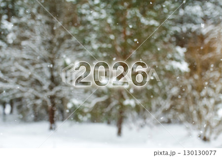 2026 number snowy forest background. winter new year natural setting. peaceful forest new beginning. snowy landscape holiday mood. minimalist winter forest banner 130130077