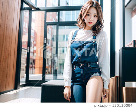 カフェで座る若い女性 130130094