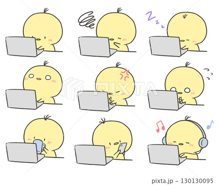 パソコン作業するヒヨコの表情セット 130130095