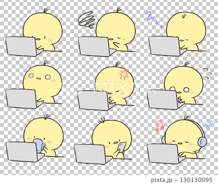 一組在電腦上工作的小妞的面部表情 130130095