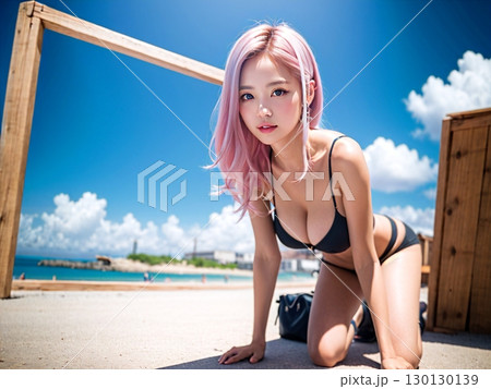 ビーチにいる水着の若い女性 130130139