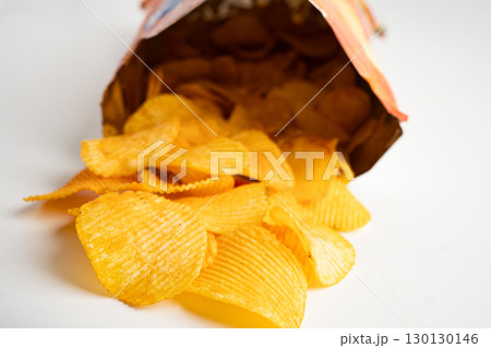 Potato chips, delicious BBQ seasoning spicy for crips, thin slice deep fried snack fast food in open bag. Potato chips, delicious BBQ seasoning spicy for crips, thin slice deep fried snack fast food in open bag. 130130146