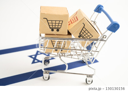 Box with shopping online cart logo and Israel flag, Import Export Shopping online or commerce finance delivery service store product shipping, trade, supplier. 130130156
