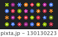 A collection of colorful stylized flower icons in green, blue, orange, pink, and purple. Clean lines, minimal shapes, and a modern abstract floral aesthetic.  130130223