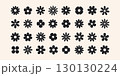 Decorative black flower icon set against a flat cream backdrop. Petal shapes are abstracted into elegant geometric forms, creating a modern botanical symbol rich in visual clarity. 130130224