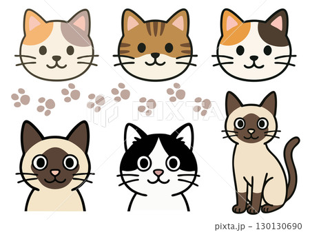 いろいろな猫の表情と足あとがかわいいイラストセット いろいろな猫の表情と足あとがかわいいイラストセット 130130690
